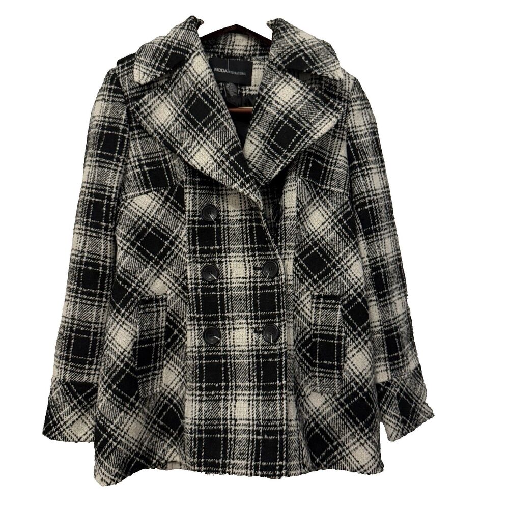 Moda International Women's Double Breasted Coat | Black White Plaid | Size Small